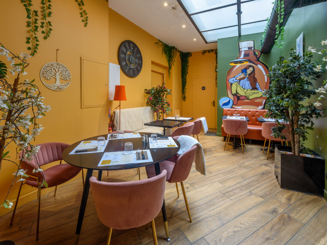 Elegant restaurant interior with natural lighting